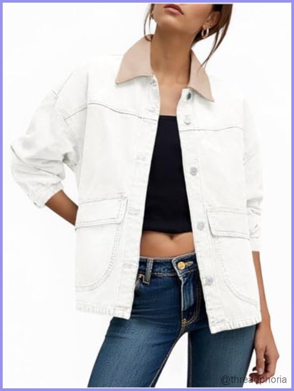Oversized Denim Jacket Contrast Canvas Collar Button Down with Pockets